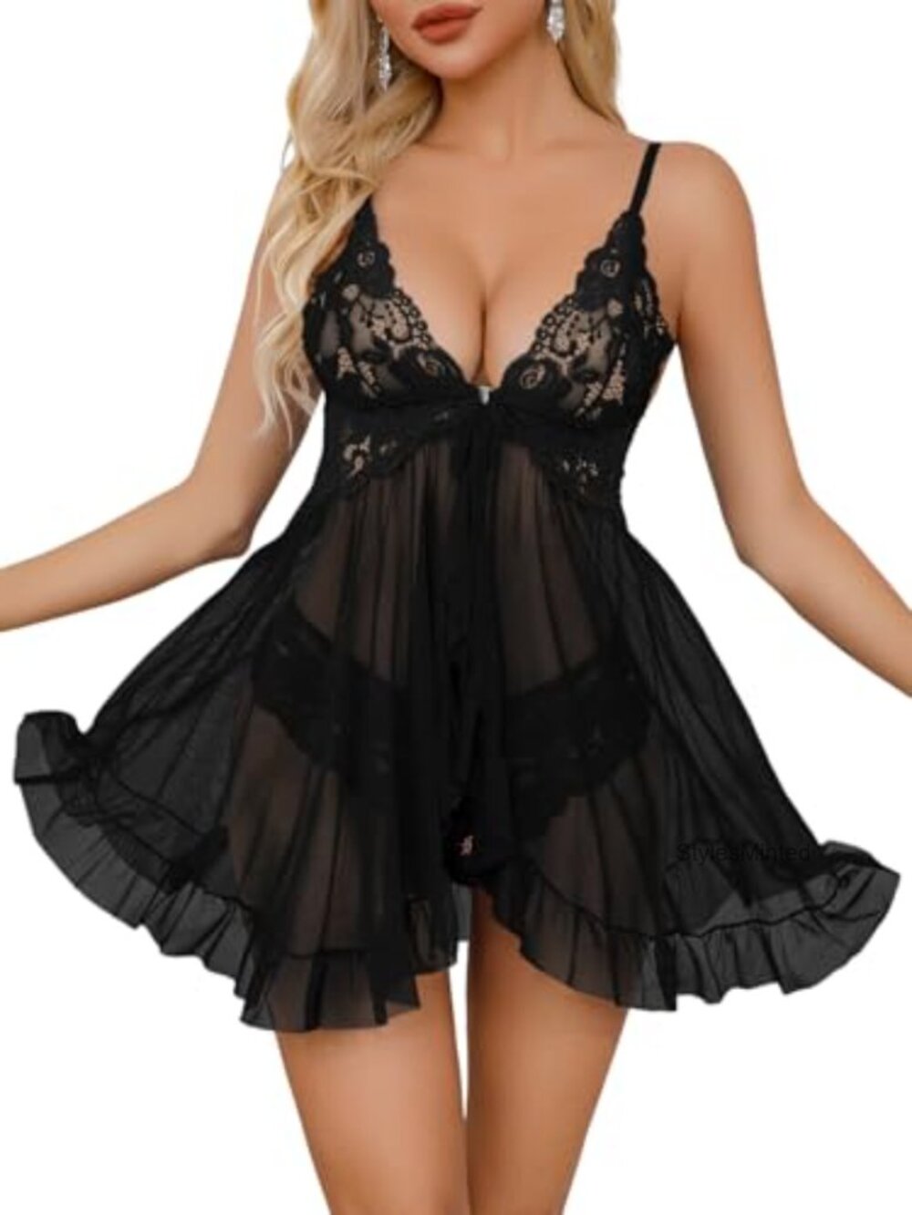 Sheer Lace Mesh Babydoll Lingerie Set with Thong